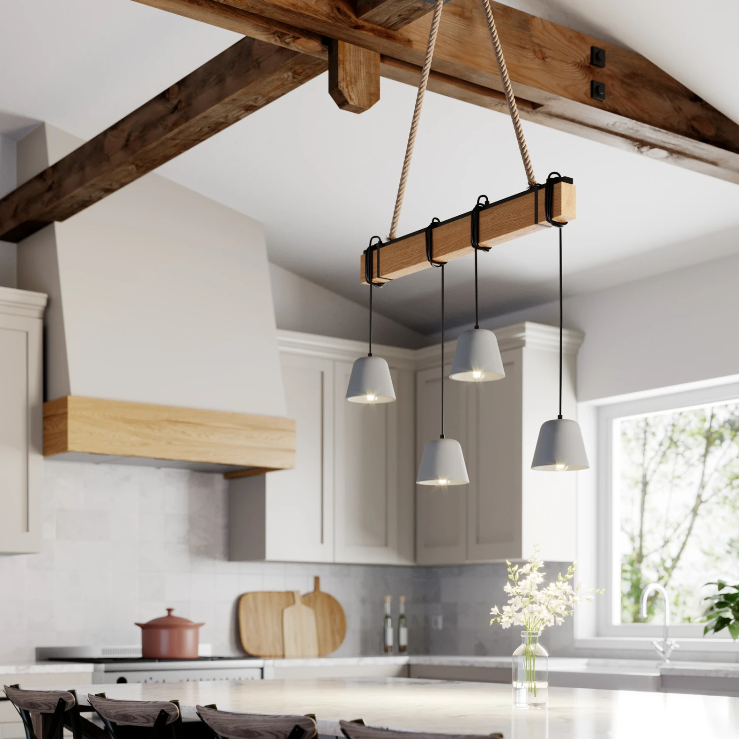 Lucande Hakona Holz-Hängeleuchte, 4 Betonschirme 4 Lucande Hakona Holz-Hängeleuchte, 4 Betonschirme – Bild 2