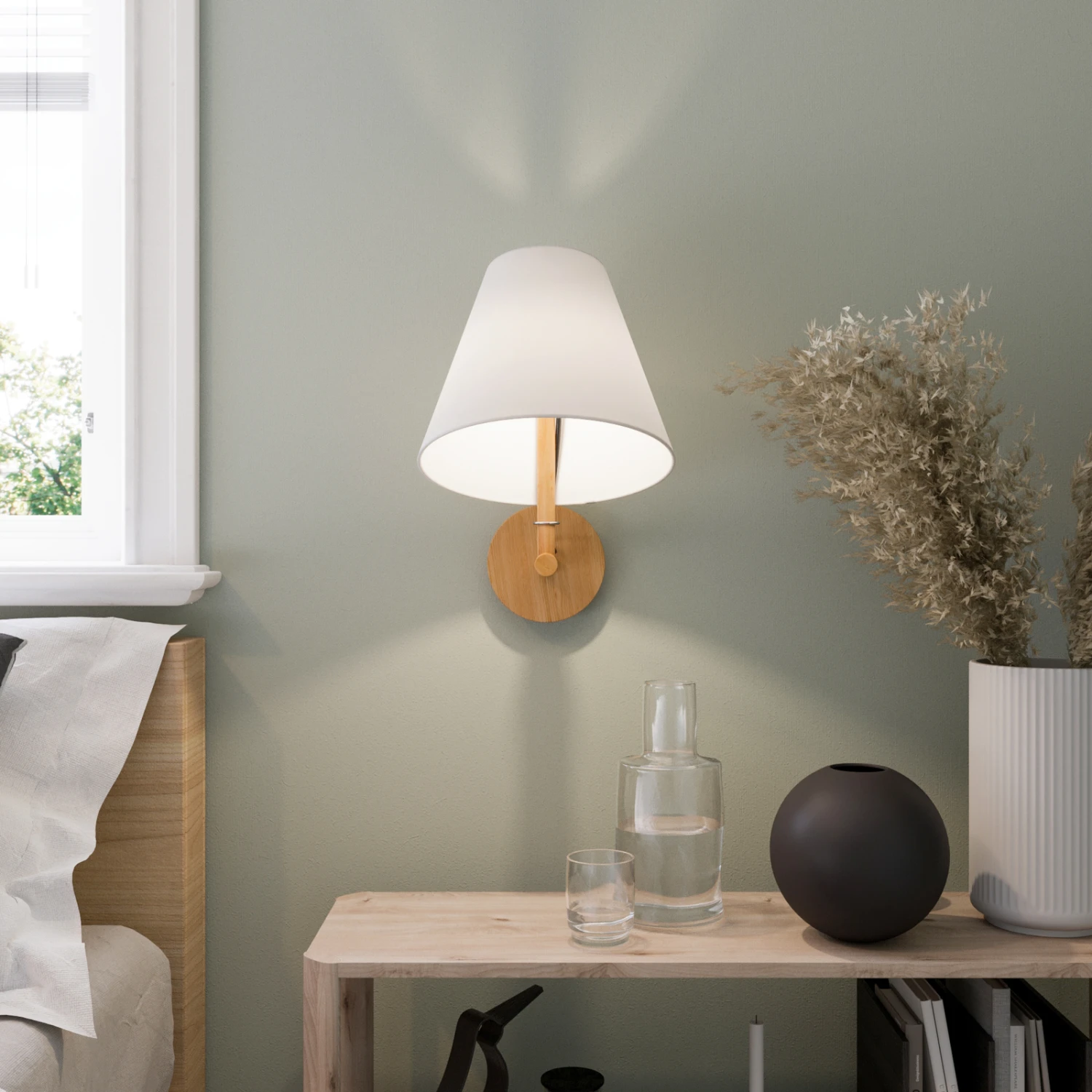 Lucande Jinda Wandleuchte, Holzgestell, Stoff Weiß 4 Lucande Jinda Wandleuchte, Holzgestell, Stoff Weiß – Bild 2