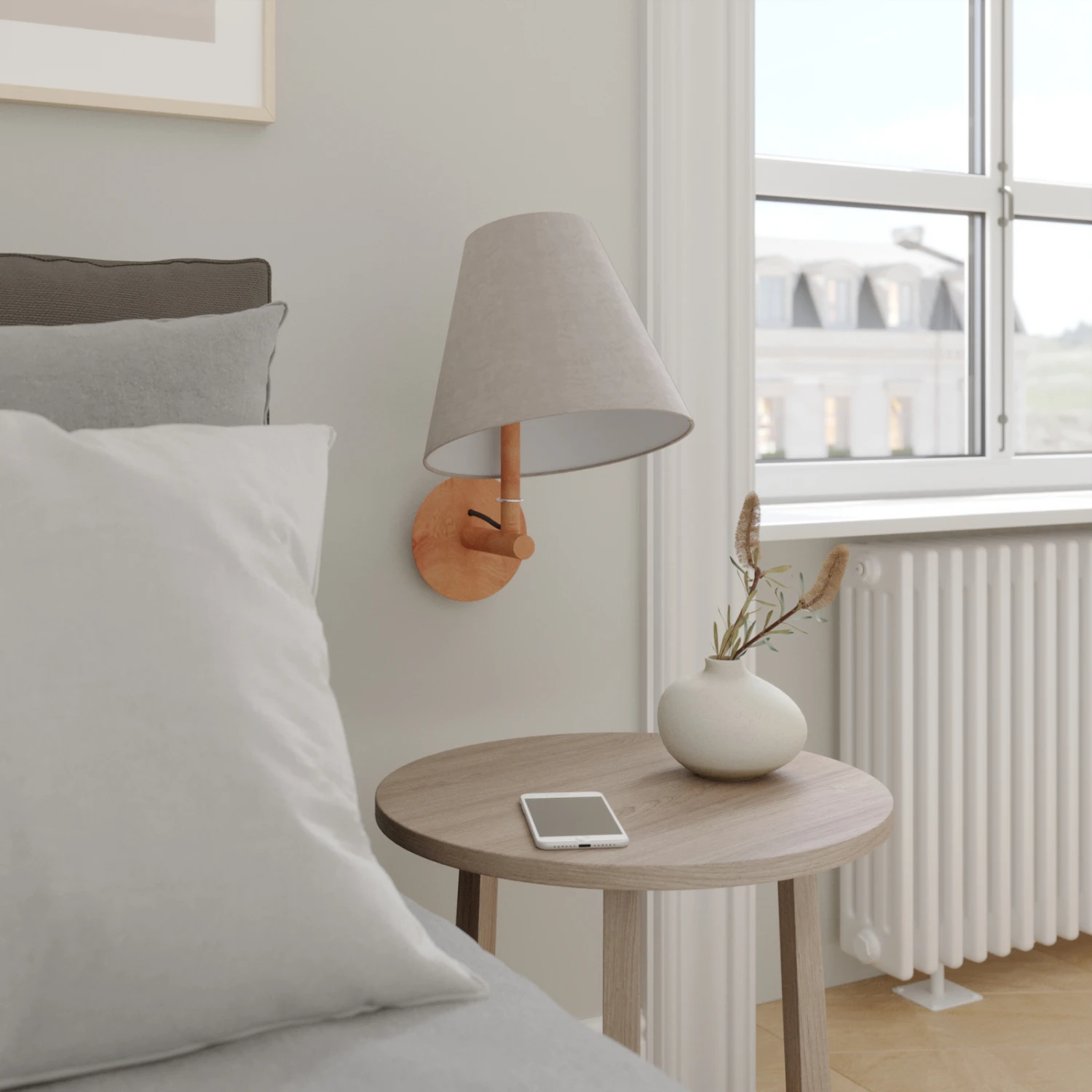 Lucande Jinda Wandleuchte, Holzgestell, Samt Grau 5 Lucande Jinda Wandleuchte, Holzgestell, Samt Grau – Bild 3