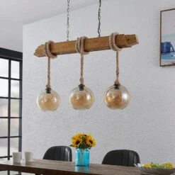 Lucande Mevan Hängeleuchte Mit Holzbalken, Amber -Lucande 9627719 1