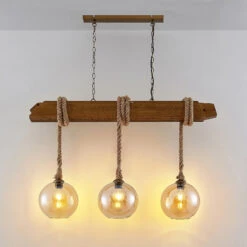 Lucande Mevan Hängeleuchte Mit Holzbalken, Amber -Lucande 9627719 4