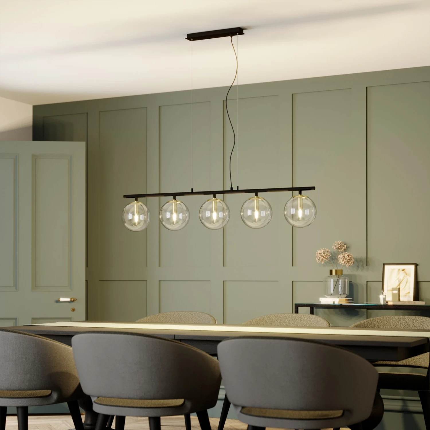 Lucande Sotiana Hängelampe, 5 Glaskugeln, Messing 4 Lucande Sotiana Hängelampe, 5 Glaskugeln, Messing – Bild 2