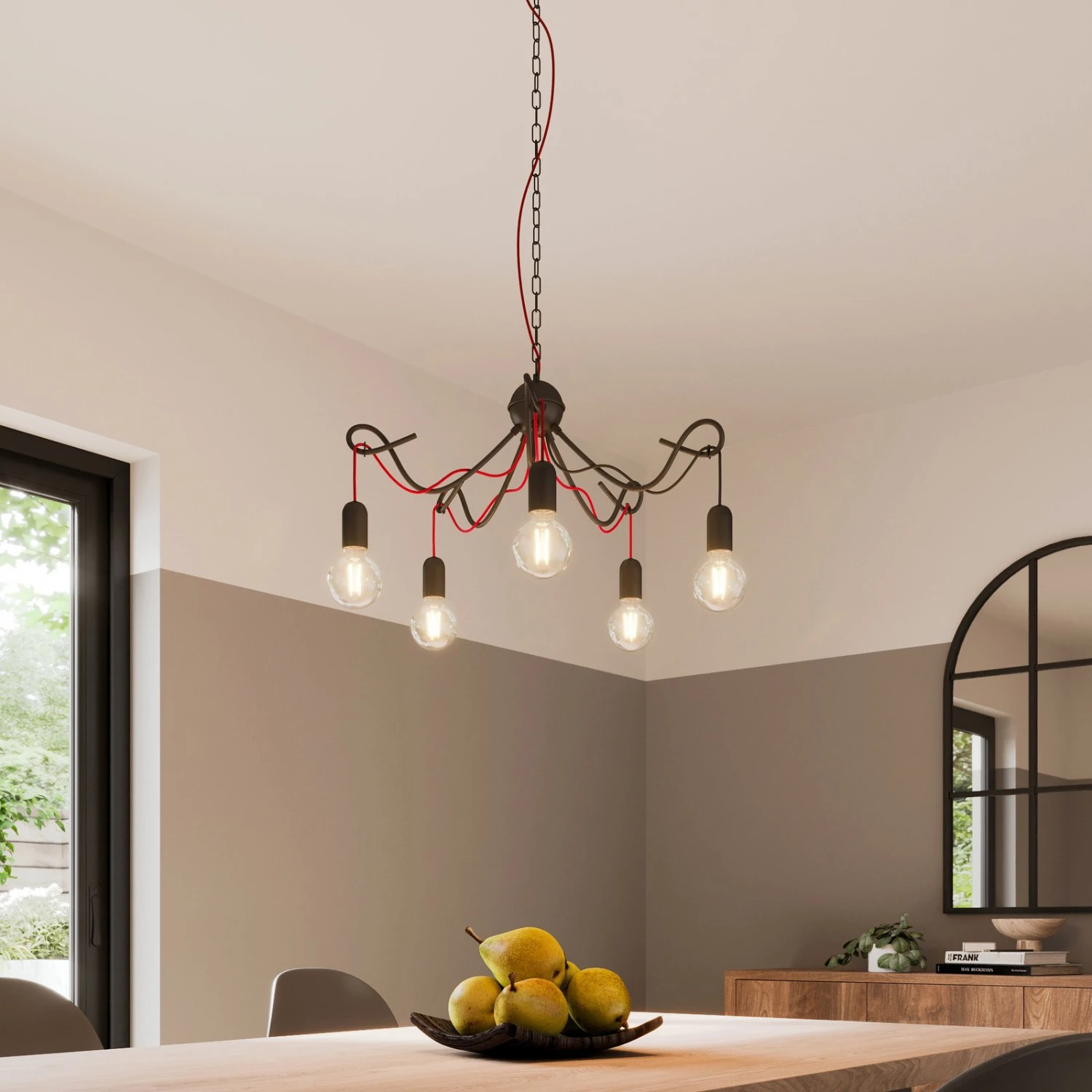 Lucande Jorna Hängeleuchte, 5-flammig, Kabel Rot 4 Lucande Jorna Hängeleuchte, 5-flammig, Kabel Rot – Bild 2