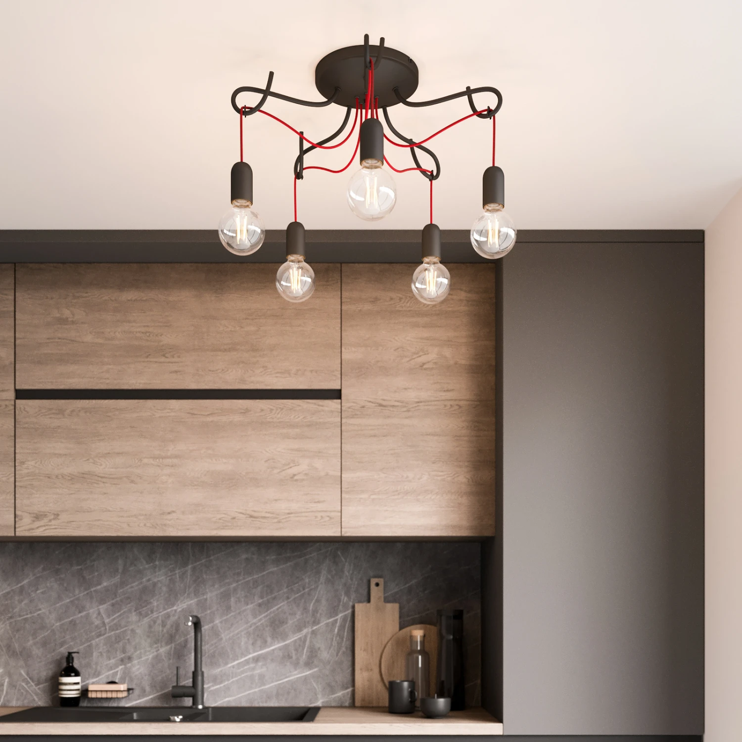 Lucande Jorna Deckenlampe, 5-flammig, Kabel Rot 4 Lucande Jorna Deckenlampe, 5-flammig, Kabel Rot – Bild 2