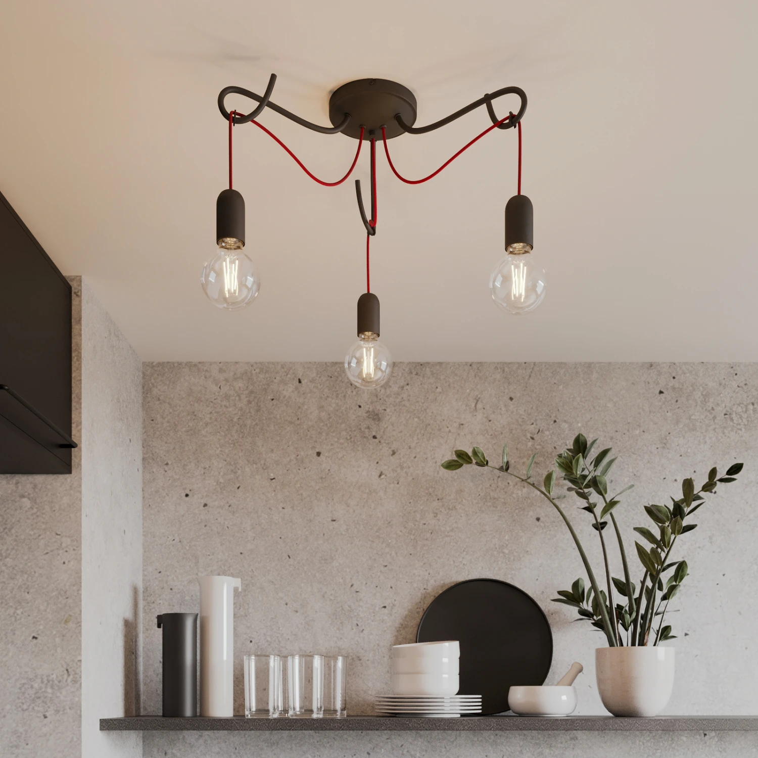 Lucande Jorna Deckenlampe, 3-flammig, Kabel Rot 4 Lucande Jorna Deckenlampe, 3-flammig, Kabel Rot – Bild 2