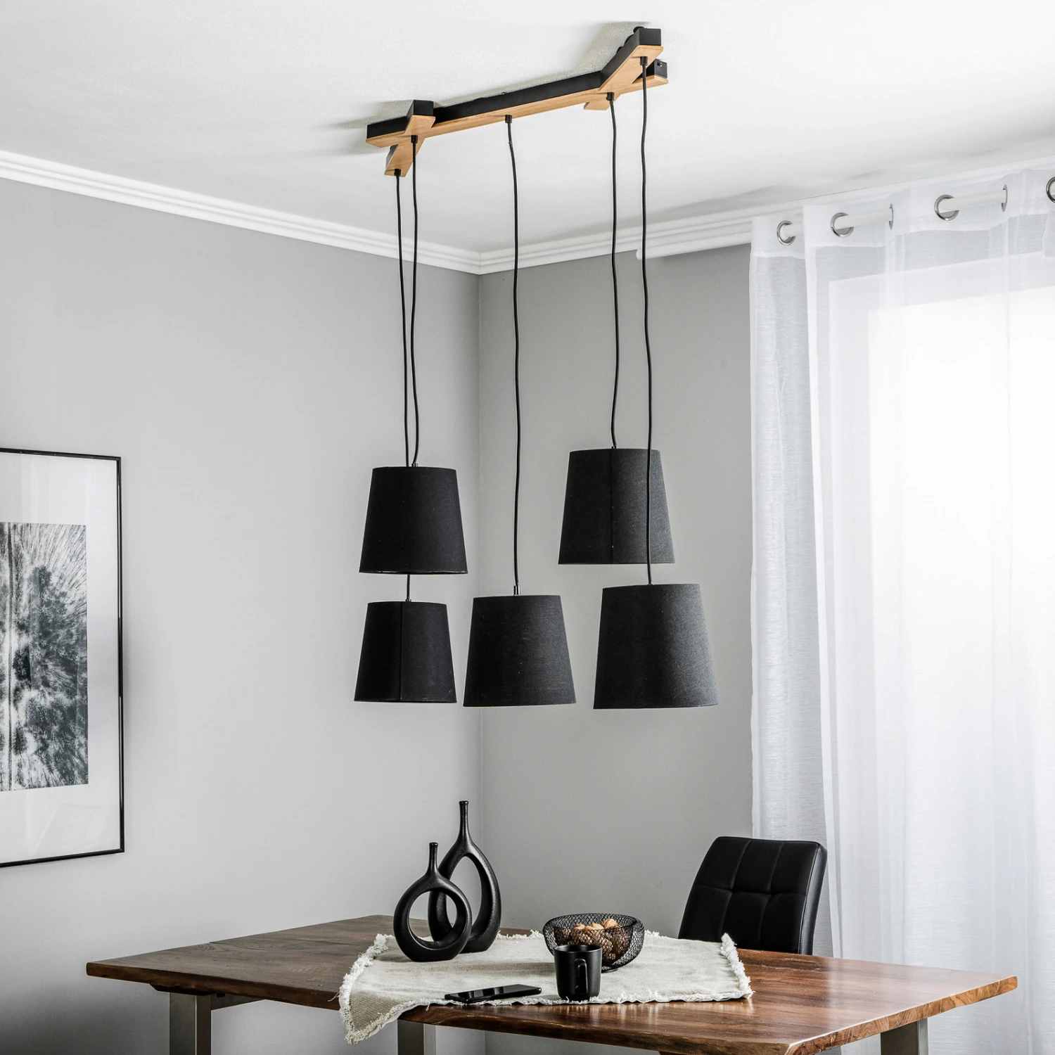 Lucande Thamila Hängeleuchte, Schwarz, Eiche 5 Lucande Thamila Hängeleuchte, Schwarz, Eiche – Bild 3
