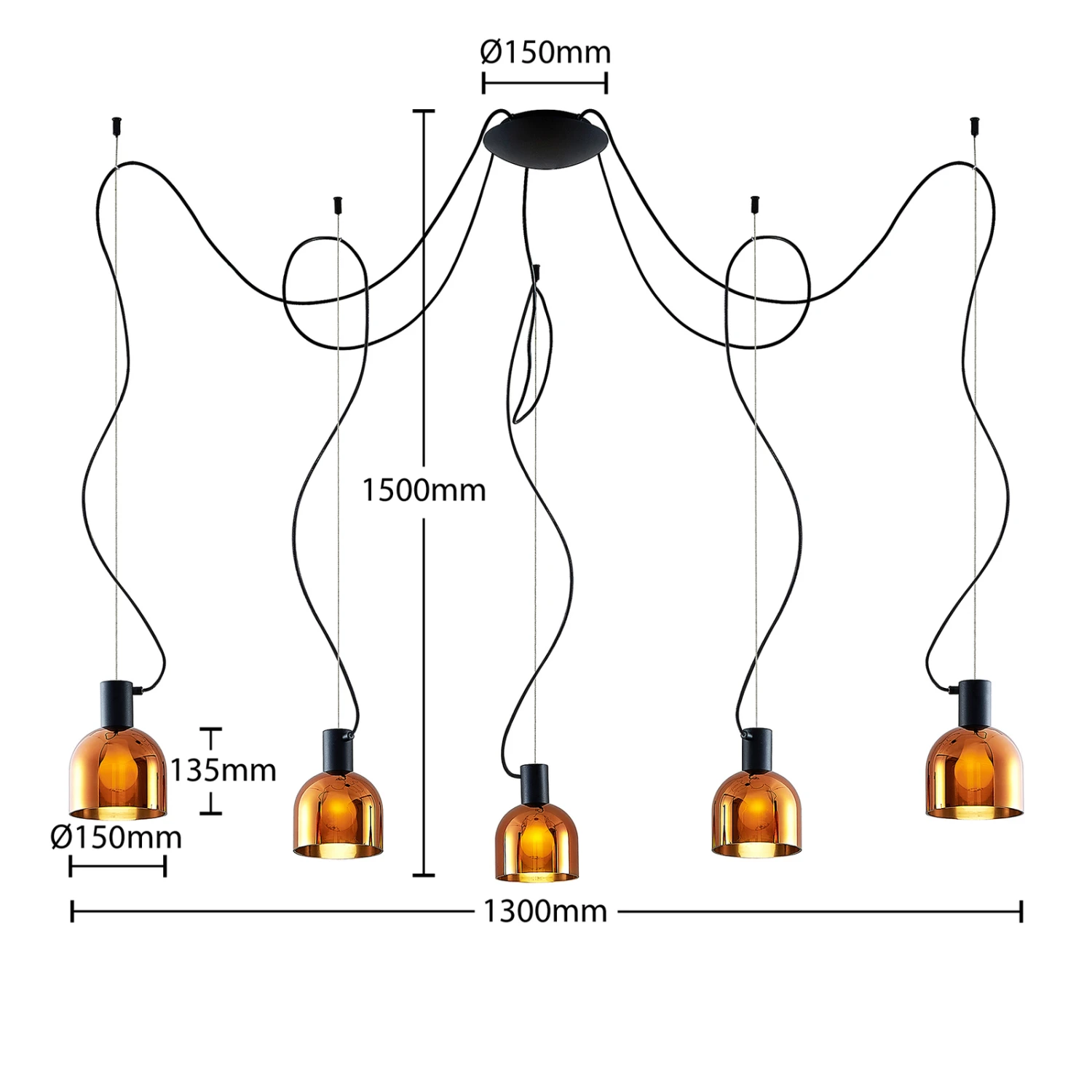 Lucande Serina Hängelampe, Fünfflammig Glas Kupfer 9 Lucande Serina Hängelampe, Fünfflammig Glas Kupfer – Bild 7